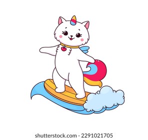 Cartoon cute caticorn character surfing on sky clouds. Vector cat or kitty personage with unicorn horn and rainbow tail riding wave with surfboard and cloud. Kawaii caticorn, happy unicorn cat animal