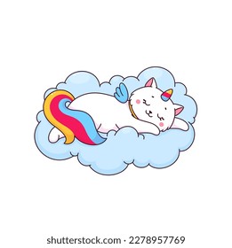 Cartoon cute caticorn character. Vector white unicorn cat sleeping on soft fluffy cloud. Kawaii magic kitten personage with colorful rainbow tail, horn and wings. Funny fairytale kitty sleep in sky svg
