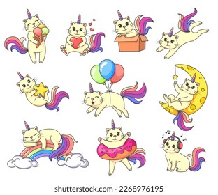 Cartoon cute caticorn characters isolated vector set. Fairytale personages eating ice cream, holding heart, playing with box, star, balloons and donut, sleeping on rainbow and listening to music svg