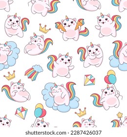 Cartoon cute caticorn seamless pattern with funny cat animal unicorn characters. Vector background of kawaii pink cats or kittens with rainbow tails and horns, clouds, ice cream cones and balloons