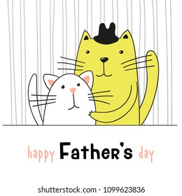 Cartoon cute cats, daddy cat hugs his kitten. Father's Day greeting card.