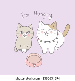 Cartoon cute cats hungry vector.
