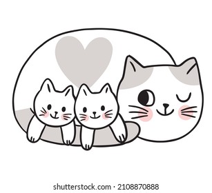 Cartoon cute cats mom and baby in love vector.