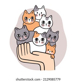 Cartoon cute cats on big hand vector.