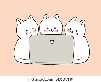 Cartoon cute cats playing computer vector.