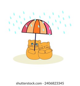 Cartoon cute cats standing and holding umbrella with rainy weather on a rainy day. Weather changes, season concept. Vector illustration. 