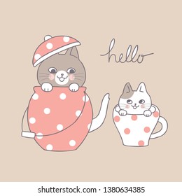 Cartoon cute cats and tea pot and cup vector.