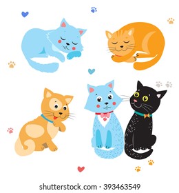 Cartoon Cute Cats Vector Set. Various Kittens On White Background. Sleeping And Sitting Cat.