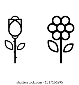 cartoon cute chamomile and red rose outline set
