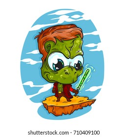 Cartoon cute character of alien with a green light sword, vector illustration isolated on white background with sky on back