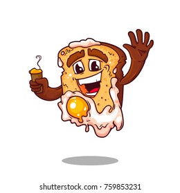 Cartoon cute character of bread with cup of coffee and egg, vector illustration isolated on white background
