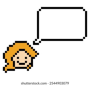 Cartoon cute cartoon character face woman with chat blank decoration pixel 8 bit female girl say speak discuss idea chat box cartoon pixel game vector.