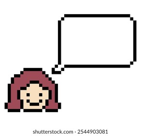 Cartoon cute cartoon character face woman with chat blank decoration pixel 8 bit female girl say speak discuss idea chat box cartoon pixel game vector.