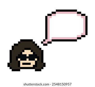 Cartoon cute cartoon character face woman with chat blank decoration pixel 8 bit female girl say speak discuss idea chat box cartoon pixel game vector.