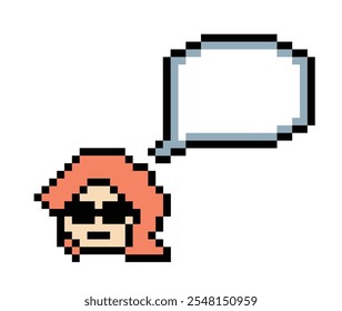 Cartoon cute cartoon character face woman with chat blank decoration pixel 8 bit female girl say speak discuss idea chat box cartoon pixel game vector.