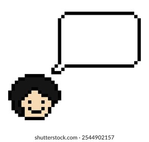 Cartoon cute character man face with chat blank decoration pixel 8 bit male boy say speak discuss idea chat box cartoon pixel game vector.