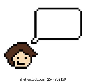 Cartoon cute character man face with chat blank decoration pixel 8 bit male boy say speak discuss idea chat box cartoon pixel game vector.