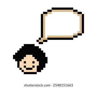 Cartoon cute character man face with chat blank decoration pixel 8 bit male boy say speak discuss idea chat box cartoon pixel game vector.