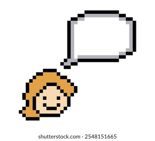 Cartoon cute character man face with chat blank decoration pixel 8 bit male boy say speak discuss idea chat box cartoon pixel game vector.