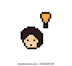 Cartoon cute character man face with light blub idea creative think decoration pixel 8 bit male boy idea imagination cartoon pixel game vector.