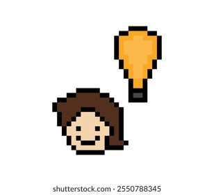 Desenho animado bonitinho personagem cara homem com luz ideia blub criativo pensar decoração pixel 8 bit masculino ideia imaginação desenho animado pixel vetor jogo.