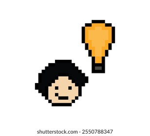 Desenho animado bonitinho personagem cara homem com luz ideia blub criativo pensar decoração pixel 8 bit masculino ideia imaginação desenho animado pixel vetor jogo.