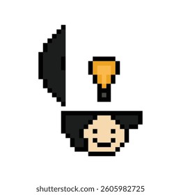 Cartoon cute character man face with light bulb idea creative think decoration pixel 8 bit male boy idea imagination cartoon pixel game vector.