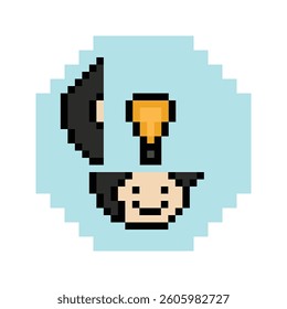 Cartoon cute character man face with light bulb idea creative think decoration pixel 8 bit male boy idea imagination cartoon pixel game vector.