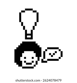Cartoon cute character man face with light bulb idea creative think decoration pixel 8 bit male boy idea imagination cartoon pixel game vector.