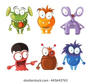 Cartoon cute character monsters vector set. Crazy monsters with funny grimace, bizarre monster illustration