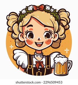 Cartoon cute character Oktoberfest waitress, wearing a traditional costume, serving big beer mugs on whitebackground. cartoon vector illustration, white background, label, sticker, t-shirt design