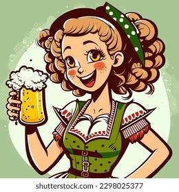 Cartoon cute character Oktoberfest waitress, wearing a traditional costume, serving big beer mugs on green background. cartoon vector illustration,  label, sticker, t-shirt design