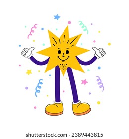 Cartoon cute character on a white background with flying serpentine and confetti.