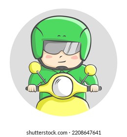 Cartoon cute character riding a yellow motorcycle wearing a green helmet, online transportation and delivery services