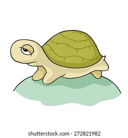 Cartoon cute character turtle.Sea tortoise with sad eyes standing.  Hand-drawn vector illustration isolated on white.