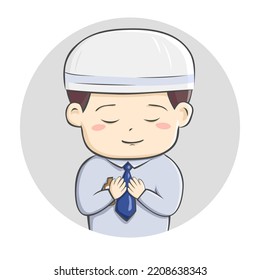 Cartoon of a cute character wearing an office outfit with a blue tie and a white cap showing muslim gestures of praying