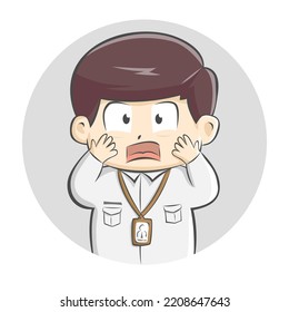 Cartoon of cute character wearing white shirt with brown ID card showing surprised gesture