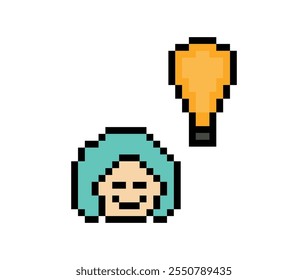 Desenhos animados bonitinho personagem mulher rosto de senhora com luz blub ideia criativa pensar decoração pixel 8 bit feminino ideia imaginário desenho animado pixel vetor jogo.