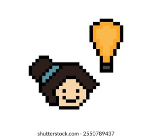 Desenhos animados bonitinho personagem mulher rosto de senhora com luz blub ideia criativa pensar decoração pixel 8 bit feminino ideia imaginário desenho animado pixel vetor jogo.