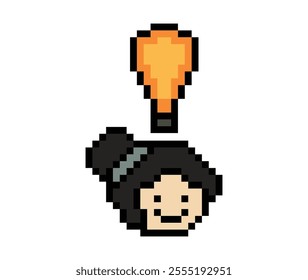 Cartoon cute character woman lady face with light blub idea creative think decoration pixel 8 bit female girl idea imagination cartoon pixel game vector.