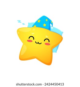 Cartoon cute cheerful kawaii star and happy twinkle character peacefully slumbers in a nightcap. Isolated vector sleeping celestial toon personage, surrounded by a tranquil aura of bedtime magic