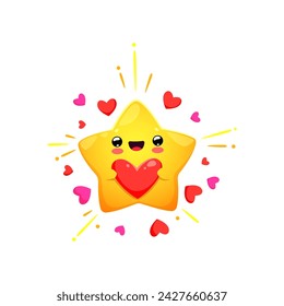 Cartoon cute cheerful kawaii star and happy twinkle character holding red heart, its eyes gleaming with joy. Isolated vector adorable toon adds spreading love, whimsical charm, magic and happiness