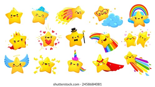 Cartoon cute cheerful kawaii stars and happy twinkle characters, vector funny face personages. Twinkle star on rainbow, angel or unicorn and superhero and princess for kids emoji or kawaii emoticon