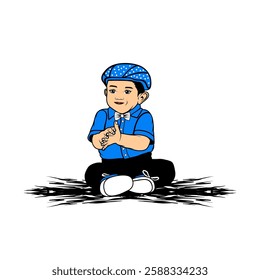 cartoon cute cheerful little boy sitting in blue shirt vector illustration