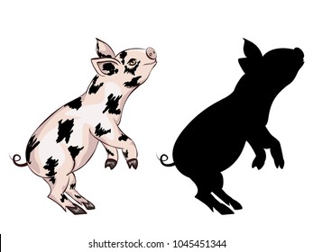 Cartoon cute and cheerful piglet illustration on white.