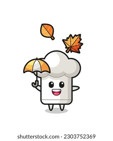 cartoon of the cute chef hat holding an umbrella in autumn , cute style design for t shirt, sticker, logo element