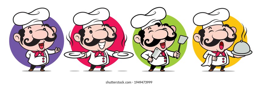 Cartoon cute Chef-Serie. Happy lächelnder italienischer Koch mit großen Schnurrbart, der Küchenartikel hält, Essen serviert, leere Teller und Willkommensschild auf buntem Hintergrund