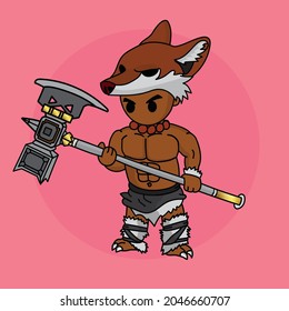 cartoon cute chibi character big knight in fox outfit   hammer