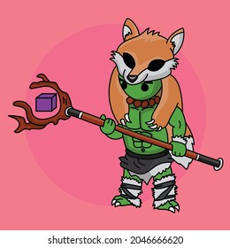cartoon cute chibi character big green knight in fox outfit   hammer