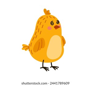 Cartoon cute chick character with fluffy yellow feathers, wide spiral shaped eyes and a mesmerizing hypnotic gaze. Isolated vector adorable and charming baby chicken or hen bird personage on farm